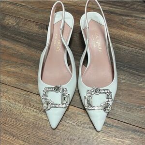 kate spade White Pointed Slingback Flats with Crystal Buckle Detail